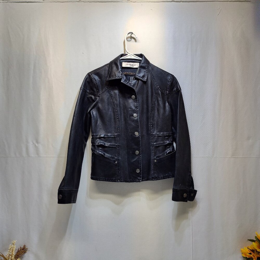 Paris Blue Faux Leather Jacket Small (3-5) Snap Buttons Leopard Trim Detail VGC
